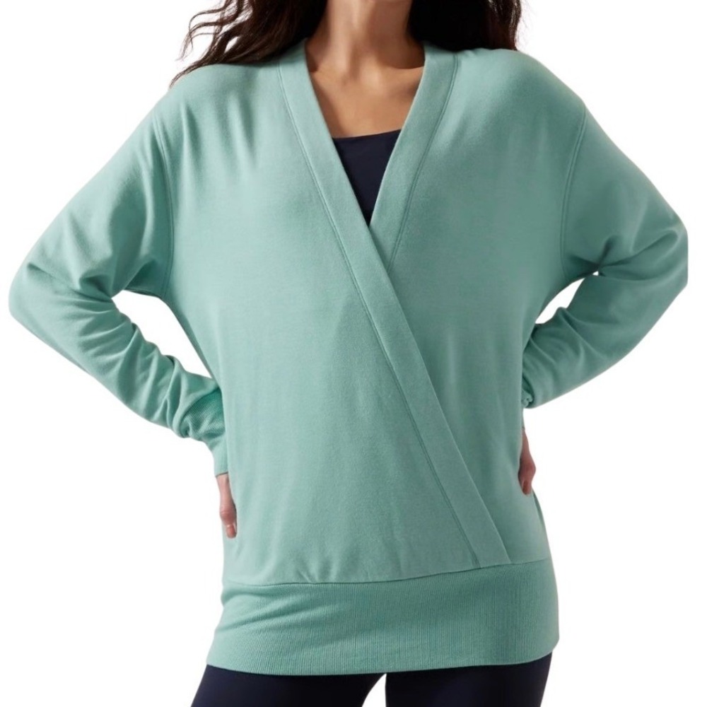 Athleta Purana V Neck Aqua Teal‎ Wrap Sweatshirt Pullover Long Sleeve Top Size S